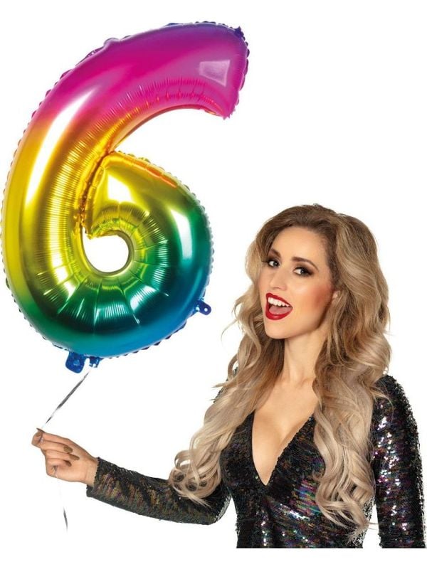 XXL regenboog ballon cijfer 6