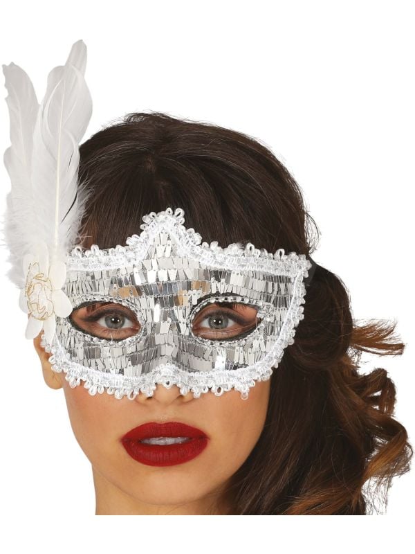 Zilveren glimmend oogmasker met veer