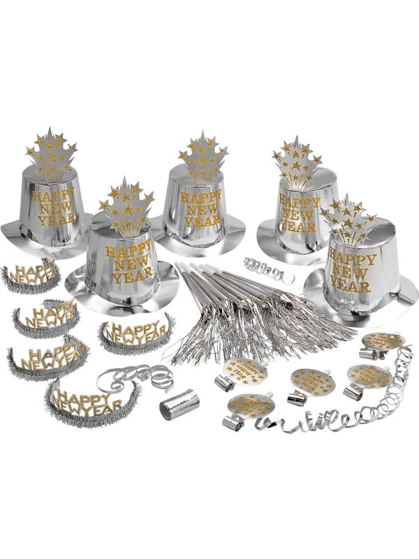 Zilveren Happy New Year party set 10 personen main product photo