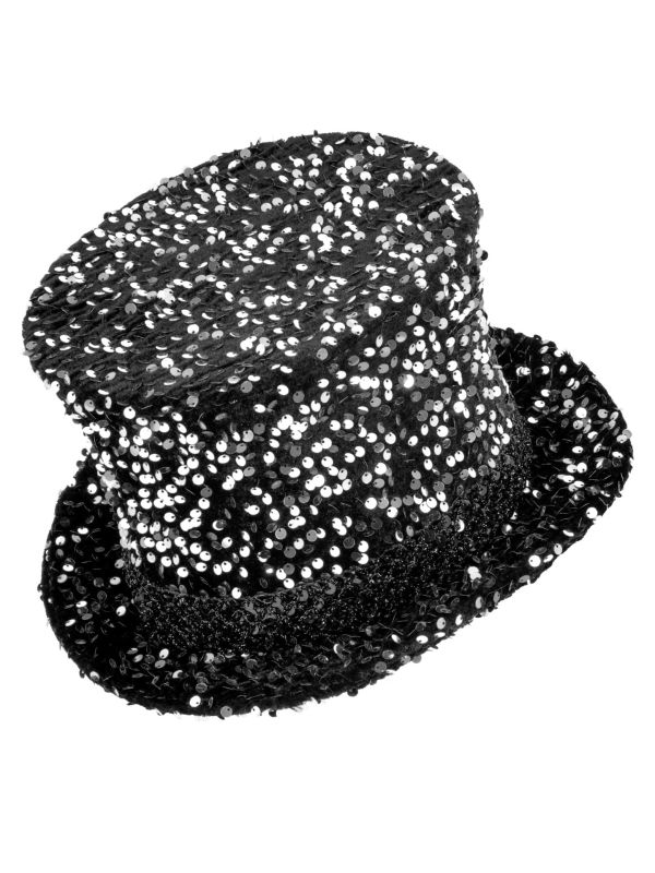 Zilveren Pailletten Hoge Hoed Zwart