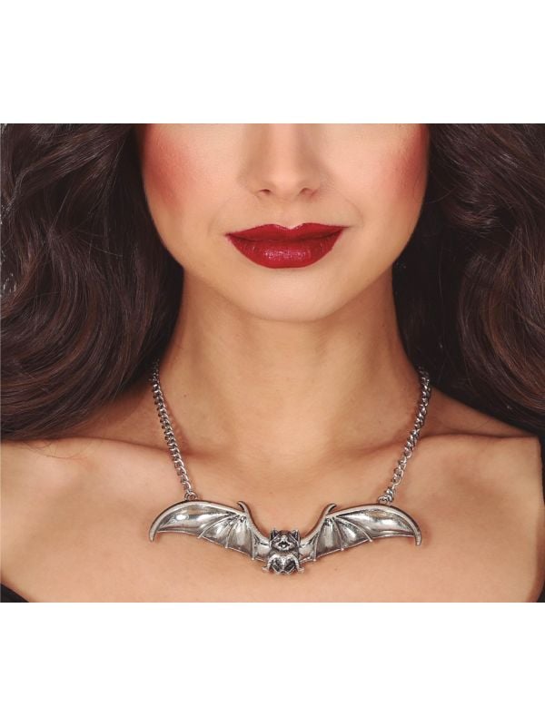 Zilveren vleermuis ketting 12 cm halloween