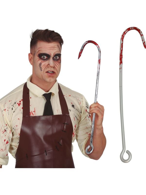 Zilveren vleeshaak met bloedspetters 65 cm halloween