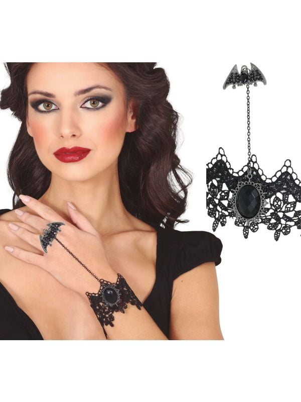 Zwart geborduurde armband met vleermuisring halloween