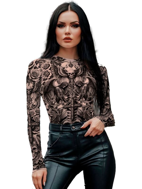 Zwart Halloween Grim Reaper Tattoo Leotard