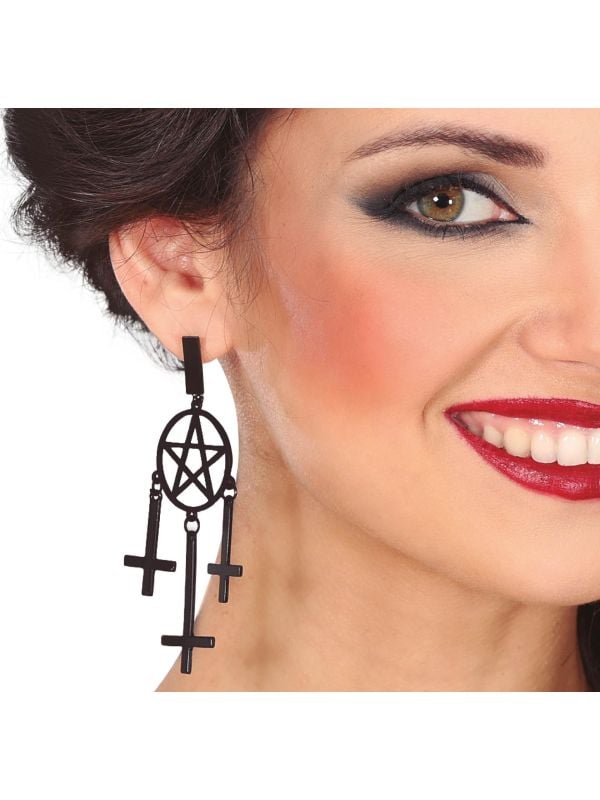 Zwart kruis met pentagram oorbellen 8 cm halloween