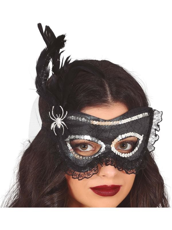 Zwart oogmasker met veer en spin main product photo