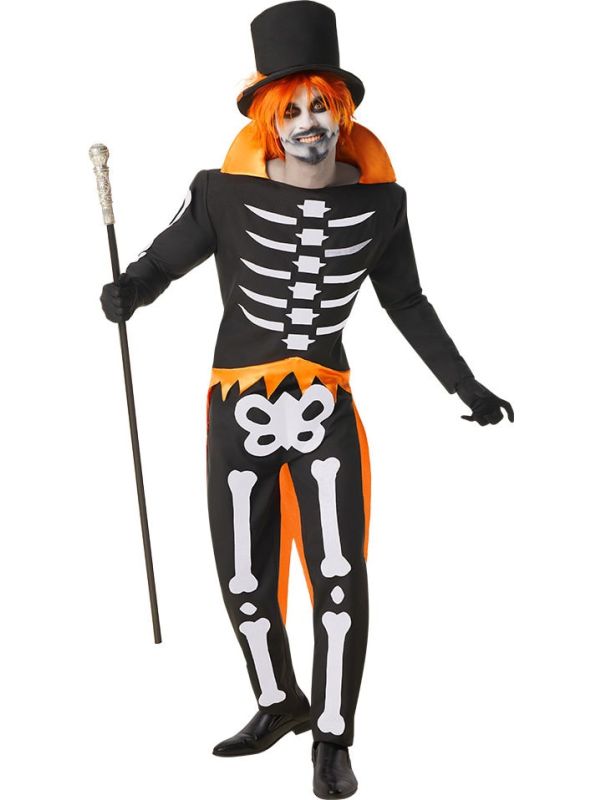 Zwart Oranje Voodoo Skelet Kostuum Heren