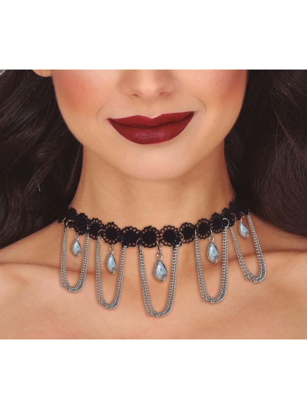 Zwarte choker met zilveren edelsteen en ketting main product photo