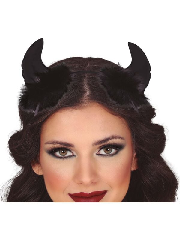 Zwarte duivel horen haarband met zwarte boa halloween