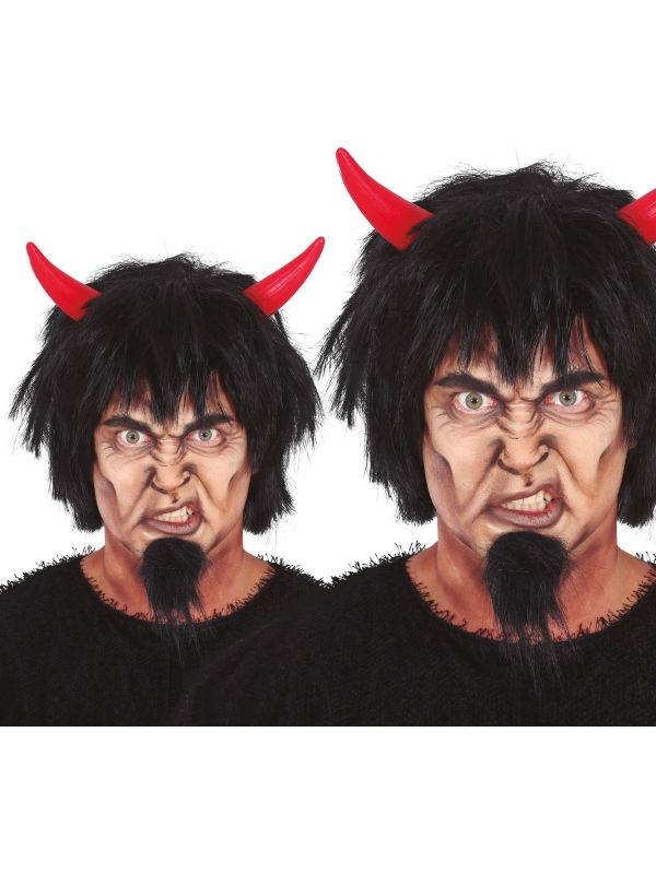 Zwarte duivel pruik met rode horens halloween