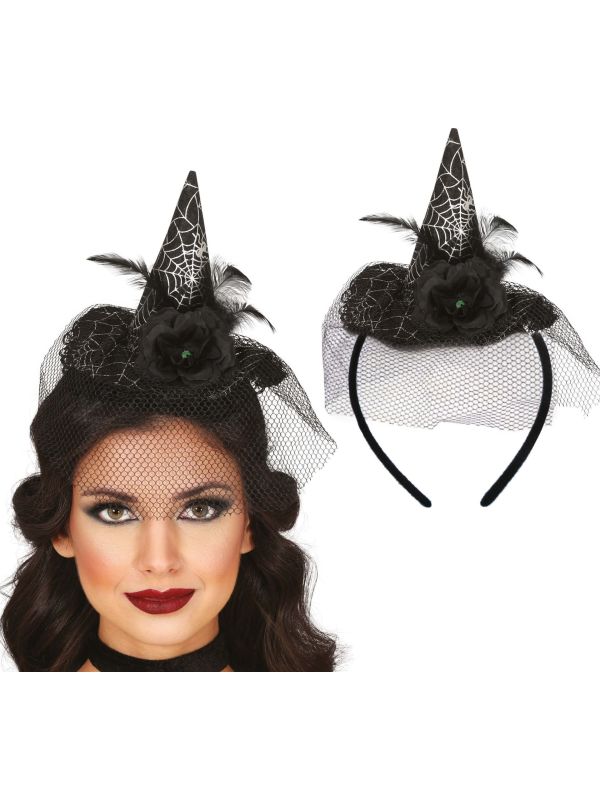 Zwarte heksenhoed haarband met sluier halloween main product photo