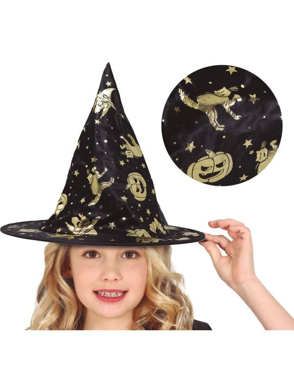 Zwarte heksenhoed met gouden halloween figuren kind