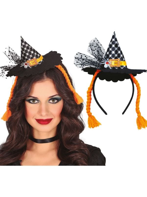 Zwarte heksenhoed met oranje vlechten haarband halloween