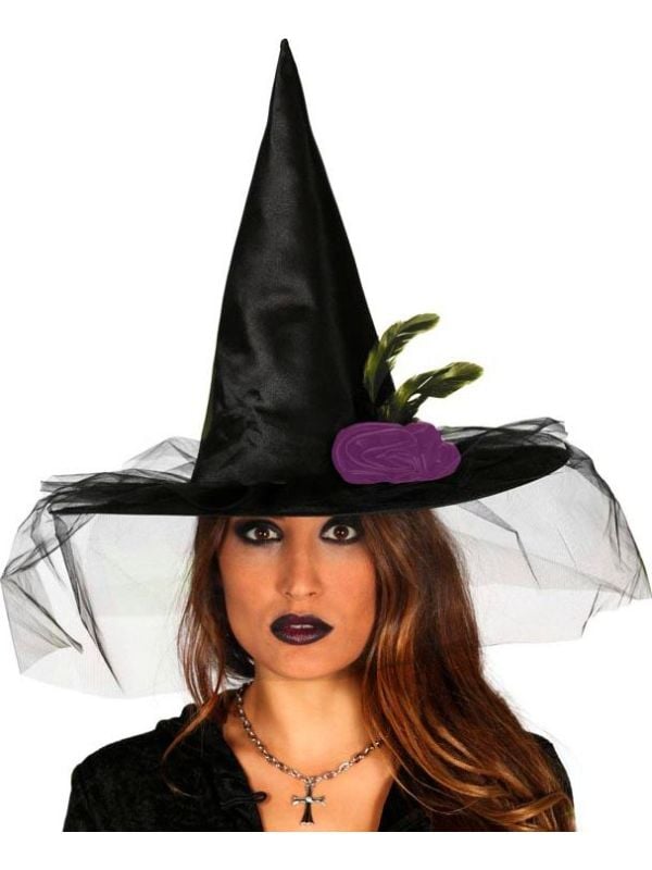 Zwarte heksenhoed met sluier halloween