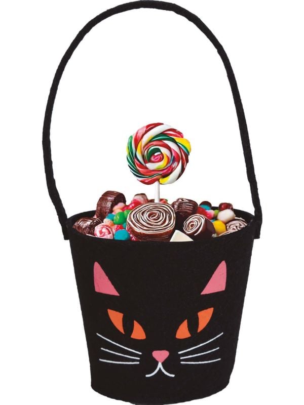 Zwarte kat snoepemmer met hendel vilt halloween