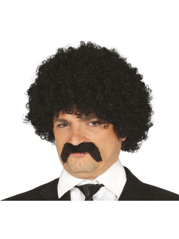 Zwarte korte afro pruik met snor