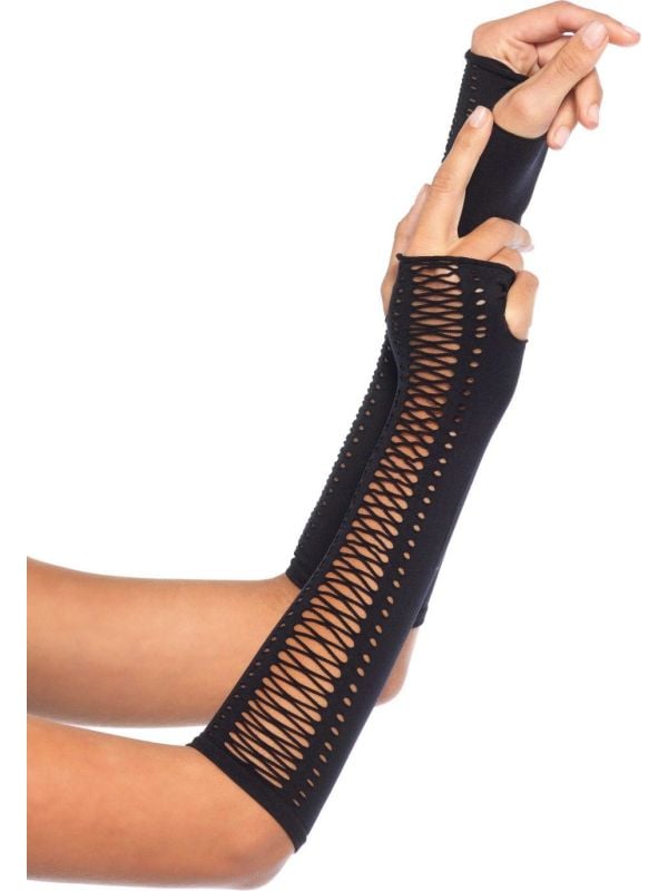 Zwarte lange vingerloze handschoenen
