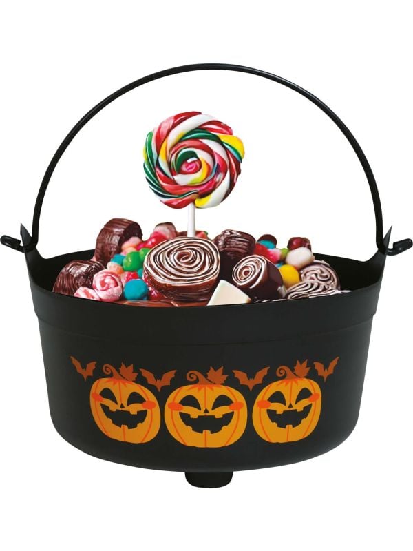 Zwarte pompoen snoepketel met hendel 24 x 23 x 15 cm halloween