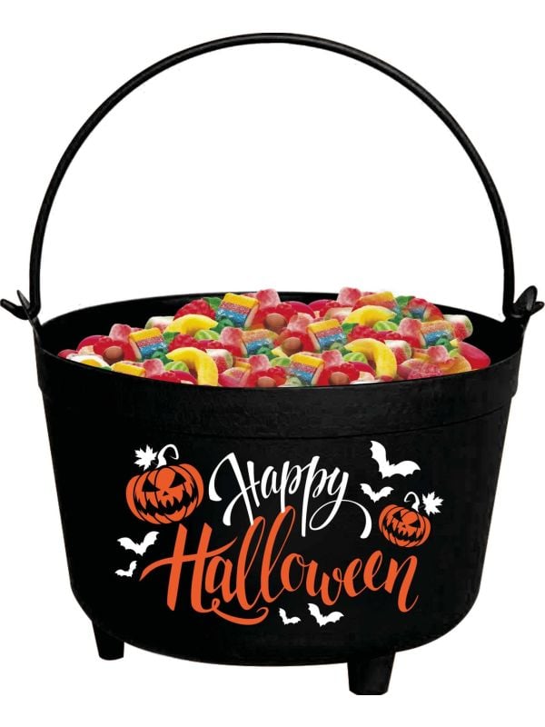 Zwarte snoepketel 'Happy Halloween' 24 x 23 x 15 cm