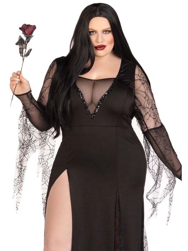 Zwarte spider Morticia plus size jurk