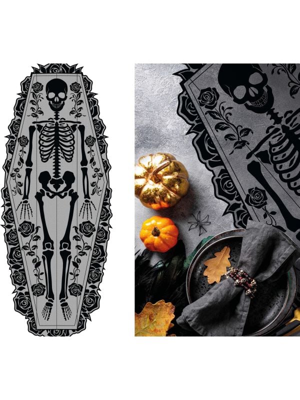 Zwarte tafelloper skelet doodskist 183 x 60 cm halloween