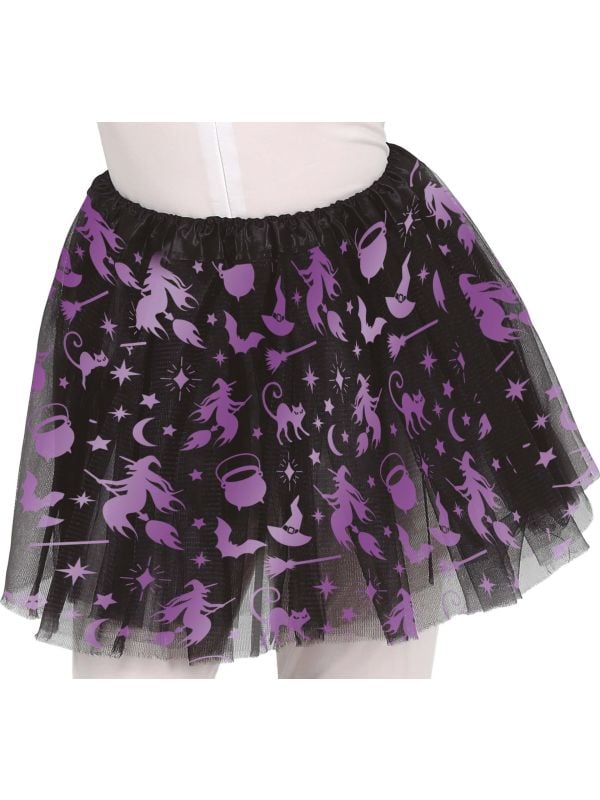 Zwarte tutu met paarse halloween figuren kind 30 cm halloween