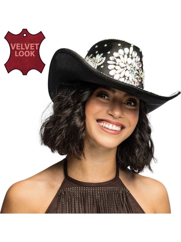 Zwarte Velvet Cowboyhoed met Juwelen
