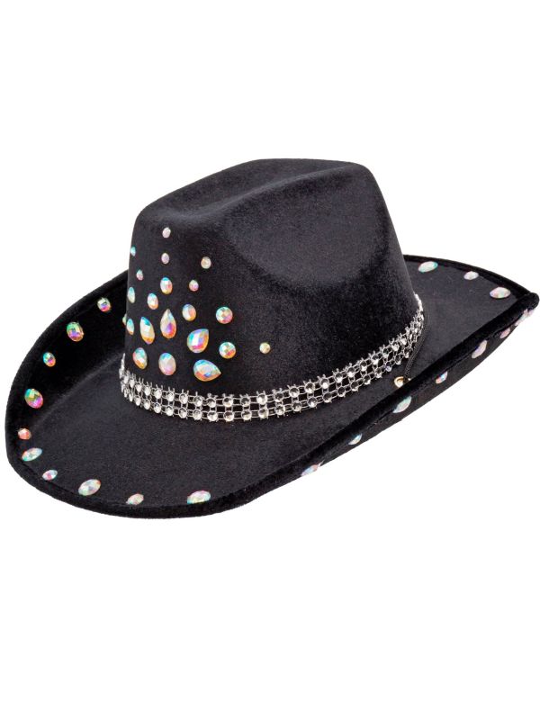Zwarte Western Cowboyhoed met Strass Steentjes