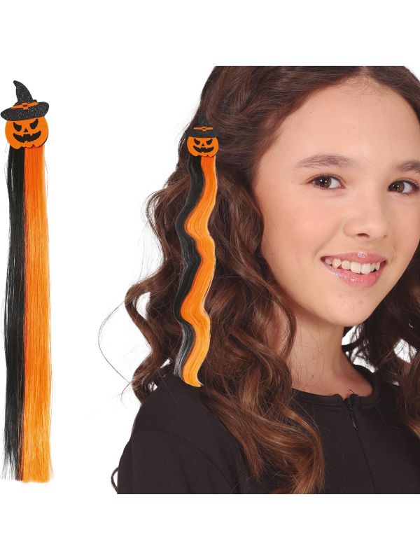 Zwart/oranje hair extension clip pompoen 40 cm halloween main product photo