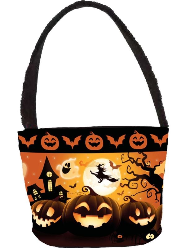 Zwart/oranje snoepemmer vrolijke pompoenen met hendel 30 x 15 cm halloween