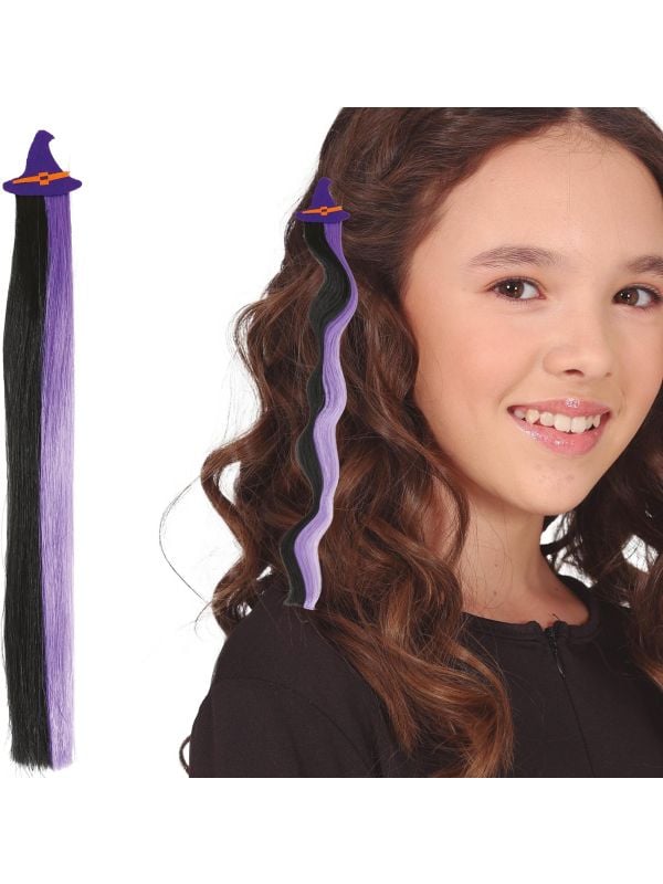 Zwart/paarse hair extension clip heksenhoed 40 cm halloween