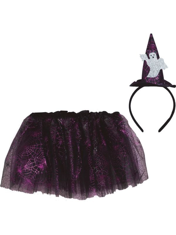 Zwart/paarse tutu met geestenhoed haarband kind 30 cm halloween