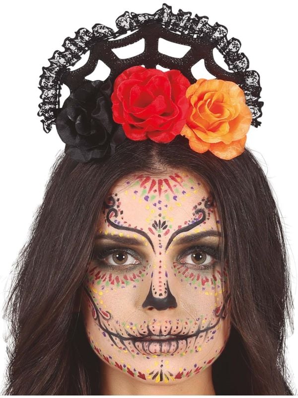 Zwart/rood/oranje bloemen diadeem