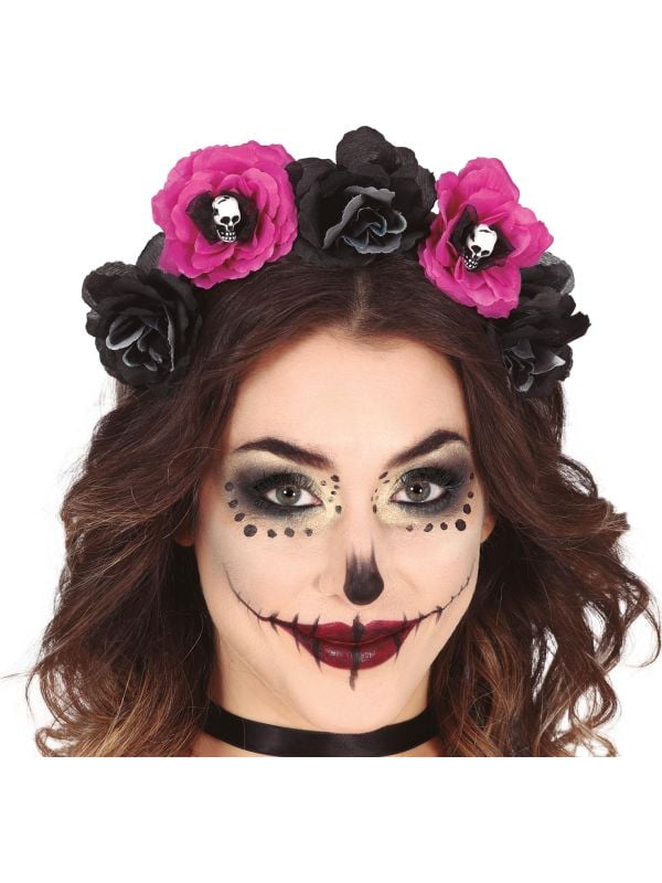 Zwart/roze bloemen Día de Muertos haarband
