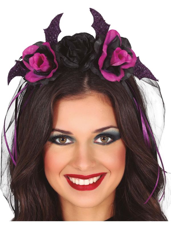 Zwart/roze vleermuis bloem en sluier haarband halloween