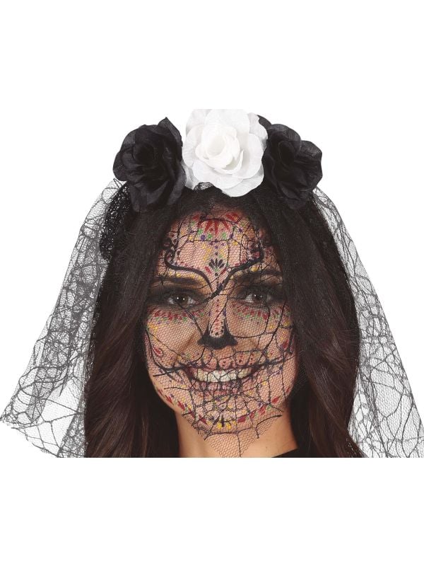 Zwart/witte bloemen diadeem met sluier