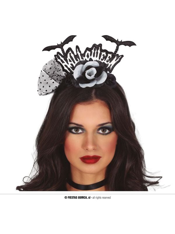 Zwart/witte vleermuis "Halloween" met bloem haarband main product photo