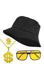90s Hiphop Accessoire Set Zwarte Bucket Hat Zonnebril Ketting en Ring