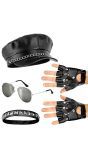 Biker Verkleedset Hoed Choker Handschoenen en Bril