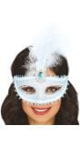 Blauw en Wit Venetiaans Masker met Veer