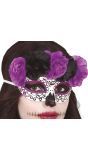 Día de Muertos masker met bloemen paars en zwart