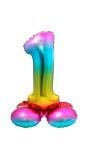 Folieballon cijfer 1 regenboog met standaard 72cm