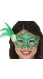 Groen Venetiaans Oogmasker met Veren