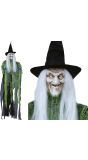 Hangdecoratie heks met groene tuniek en wit haar 100 cm halloween