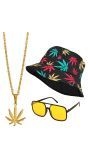 Jaren 90 Hiphop Set met Bucket Hat Glazen en Ketting Wiet