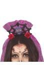 Paarse Día de Muertos haarband met sluier