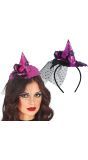 Paarse heksenhoed met bloem haarband halloween