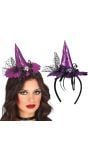 Paarse heksenhoed met spinnenstrik haarband halloween