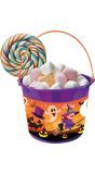 Paarse snoepemmer met vrolijke halloween figuren