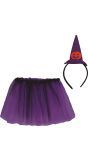 Paarse tutu met heksenhoed haarband kind 30 cm halloween
